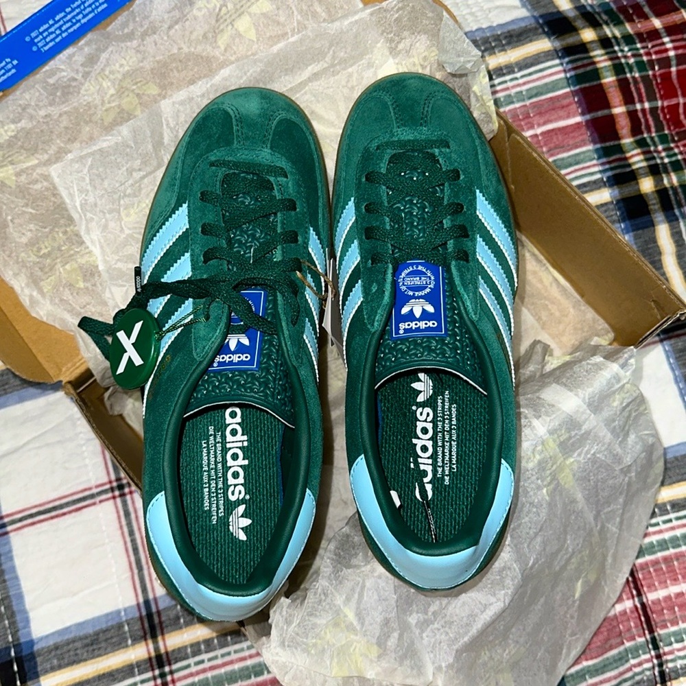 Adidas Gazelle, dark green and blue, size 6.5 mens/7.5 womens